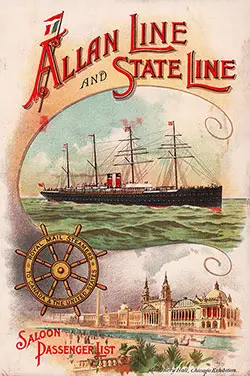 Front Cover of a First and Second Cabin Passenger List from the SS State of California of the Allan Line, Departing 6 July 1894 from New York to Glasgow.
