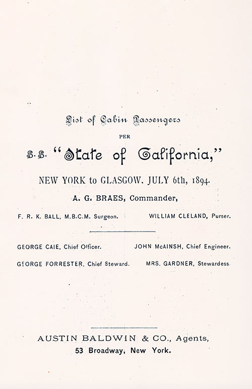 Title Page Including List of Senior Officers and Staff, Allan Line SS State of California First and Second Cabin Passenger List from 6 July 1894.