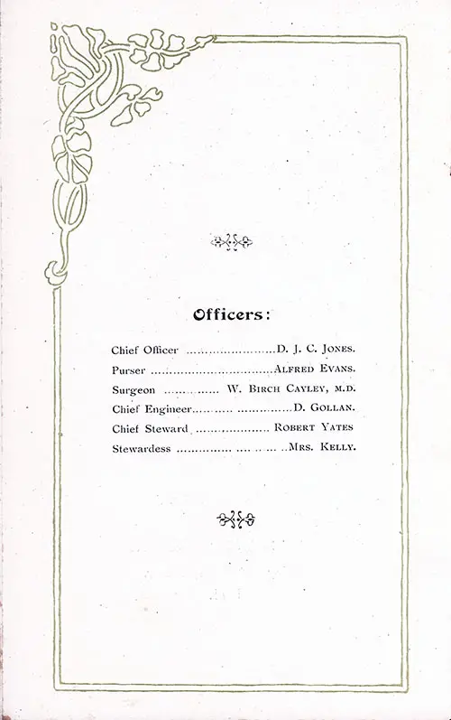 List of Senior Officers and Staff, RMS Tunisian First Class Passenger List, 22 September 1911.