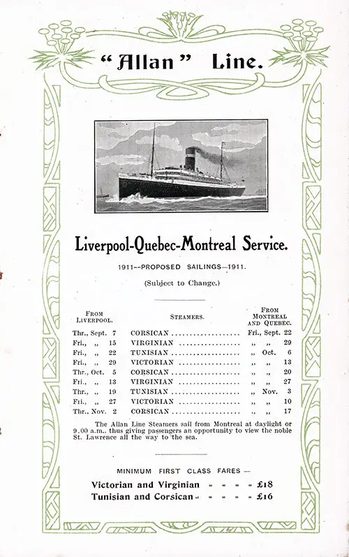 Proposed Sailings, Liverpool-Quebec-Montreal Service from 7 September 1911 to 17 November 1911.