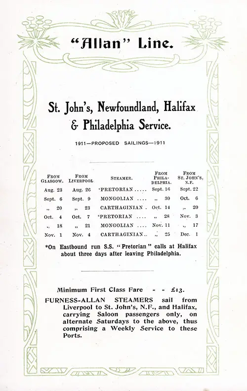 Proposed Sailings, Glasgow-Liverpool-St. John's-Halifax-Philadelphia Service from 23 August 1911 to 1 December 1911.
