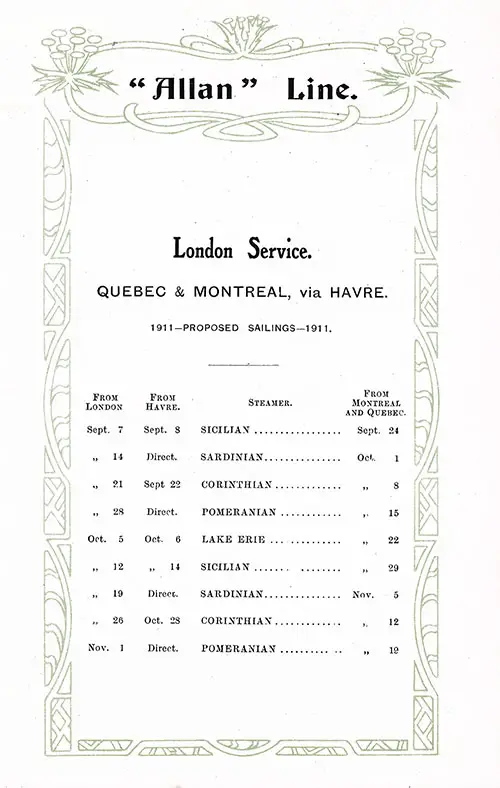 Proposed Sailings, London-Le Havre-Québec-Montréal Service, from 7 September 1911 to 12 November 1911.