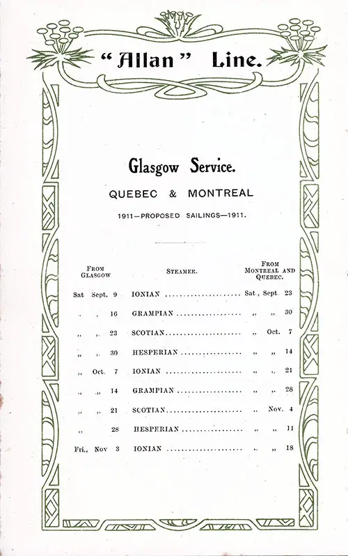 Proposed Sailings, Glasgow-Montreal-Quebec Service, from 9 September 1911 to 18 November 1911.