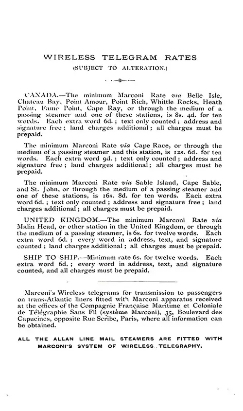 Wireless Telegram Rates, RMS Virginian Saloon Passenger List, 26 April 1907.