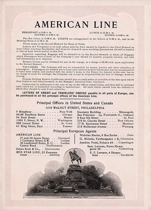 Back Cover of a American Line SS Friesland Cabin Passenger List from 6 July 1907.
