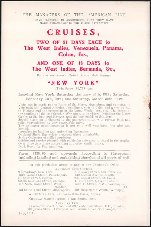 Insert: Advertisement for Two Cruises on the SS New York to the West Indies and Bermuda in 1912.