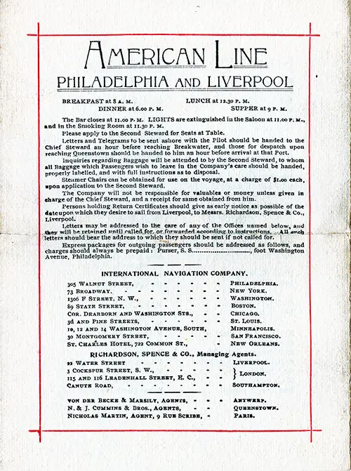 Back Cover of a American Line SS Westernland Cabin Class Passenger List from 6 September 1902.