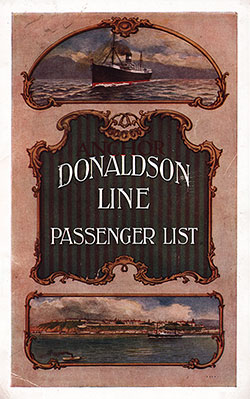Front Cover of a Cabin Passenger List from the TSS Cassandra of the Anchor-Donaldson Line, Departing 12 May 1920 from Glasgow to Québec and Montréal.