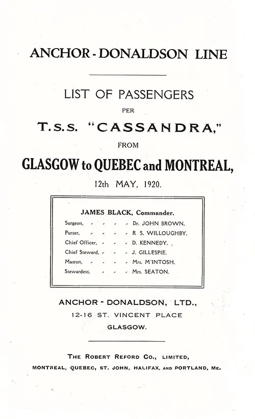 Title Page Includes Senior Officers and Staff, SS Cassandra Cabin Passenger List, 12 May 1920.