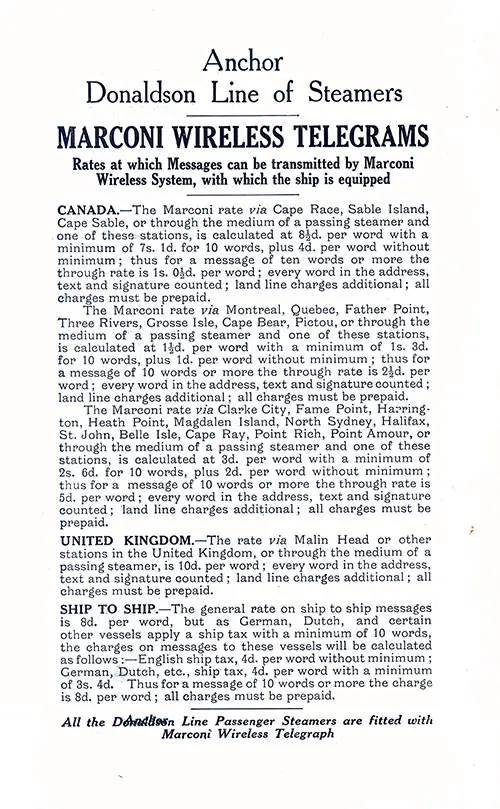 Marconi Wireless Telegrams with Rates to Canada, United Kingdom, and Ship to Ship, TSS Cassandra Cabin Passenger List - 12 May 1920.