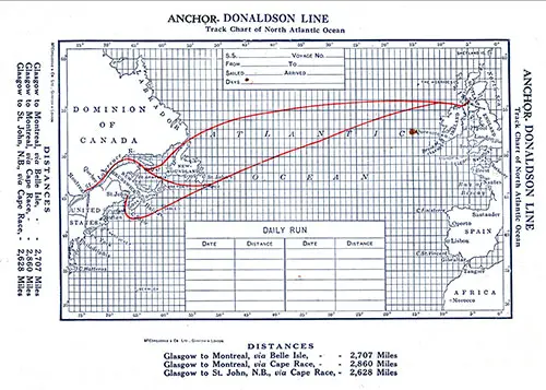 Back Cover, Track Chart of North Atlantic Ocean, Distances, and Memorandum of Log for Daily Run, TSS Cassandra Cabin Passenger List - 12 May 1920.