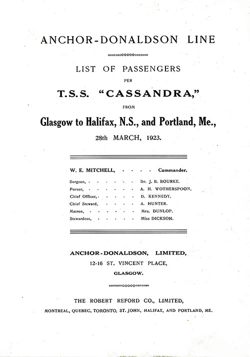 Title Page Includes Senior Officers and Staff, SS Cassandra Cabin Passenger List, 28 March 1923.