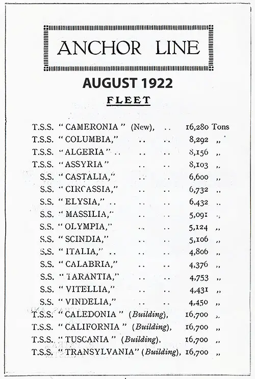 Fleet List for the Anchor Line, August 1922.