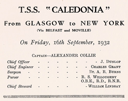 List of Senior Officers, TSS Caledonia Saloon and Tourist Class Passenger List, 16 September 1932.