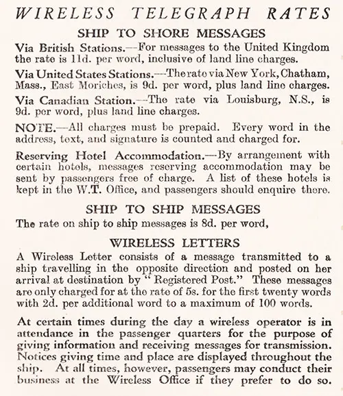 Wireless Telegraph Rates and Wireless Letters, TSS Caledonia Saloon and Tourist Class Passenger List from 16 September 1932.