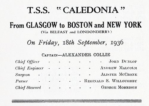 List of Senior Officers, TSS Caledonia Cabin and Tourist Class Passenger List, 18 September 1936.