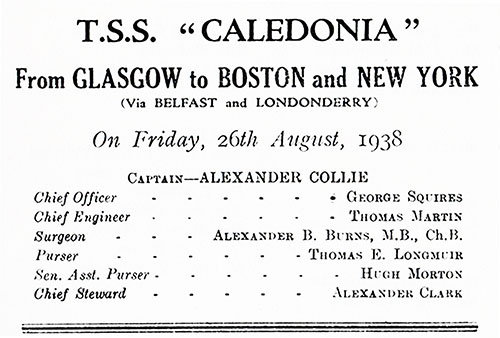 List of Senior Officers, TSS Caledonia Cabin and Tourist Class Passenger List, 26 August 1938.