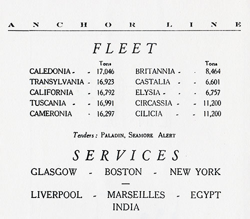 Anchor Line Fleet and Services, 1938.