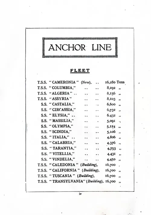 Anchor Line Fleet List, 1922. RMS Cameronia Passenger List, 24 February 1922.