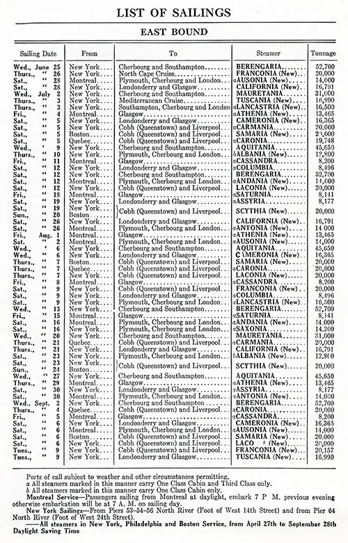 Eastbound Sailing Schedule, From New York, Montreal, Boston,	Quebec, to Cherbourg, Cobh (Queenstown), Glasgow, Liverpool, London, Londonderry, Plymouth, Southampton, North Cape Cruise, and Mediterranean Cruise, From 25 June 1924 to 9 September 1924.