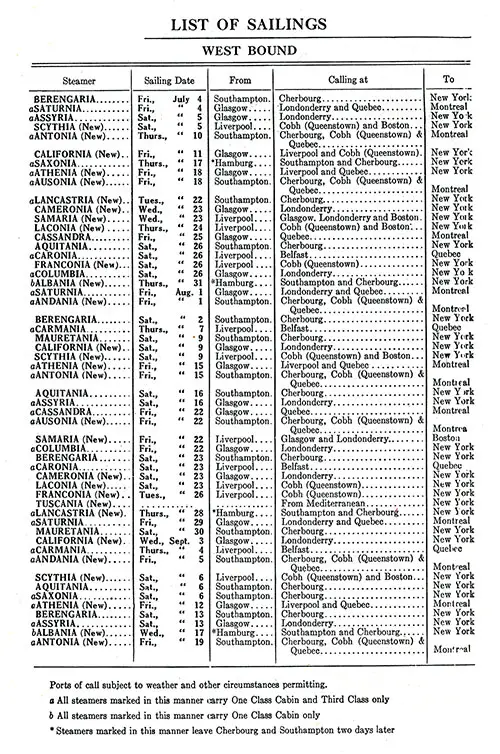 Westbound Sailing Schedule, from Glasgow, Hamburg, Liverpool, and Southampton to Boston, Montreal, New York, and Quebec, from 4 July 1924 to 19 September 1924.
