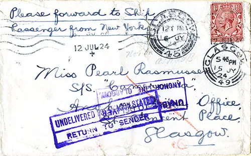 Undelivered Letter (Envelope) to Miss W. P. Rasmaisin, a Second Class Passenger on the SS Cameronia, 12 July 1924.