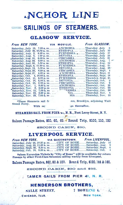 Sailing Schedule, New York-Moville-Glasgow and New York-Queenstown-Liverpool, 19 July 1890 to 13 November 1890.