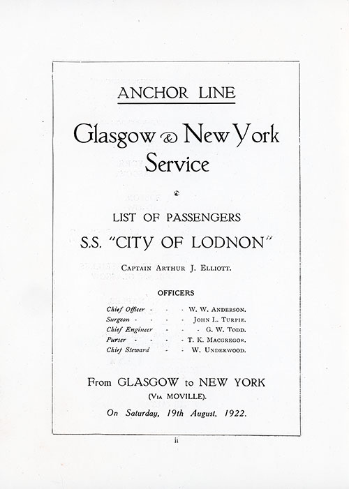 Title Page, SS City of London, Chartered by the Anchor Line for this Voyage from the Ellerman Line.