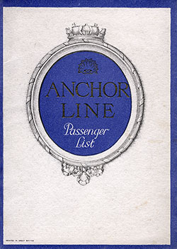 Front Cover, Cabin Passenger List from the TSS Columbia of the Anchor Steamship Line, Departing 4 October 1924 from Glasgow to New York via Moville.