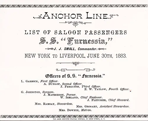 Constructed Title Page and Listing of Officers to Illustrate the Typefaced Used on the SS Furnessia Passenger List for 30 June 1883.