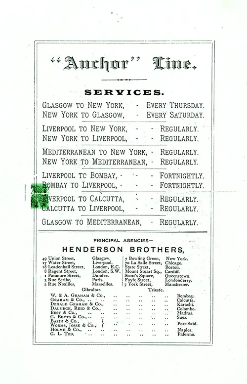 Services and Principal Agencies on the Back Cover, SS Furnessia Saloon Passenger List, 19 July 1888.