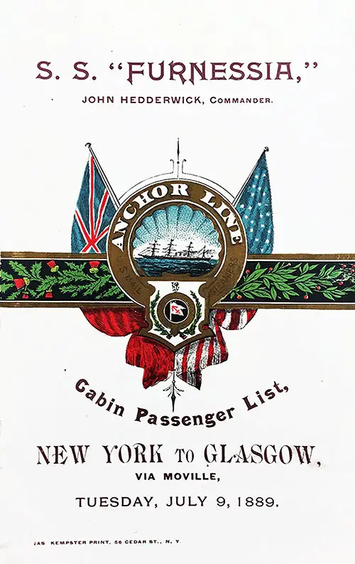 Front Cover of a Cabin Passenger List from the SS Furnessia of the Anchor Steamship Line, Departing 9 July 1889 from New York to Glasgow.