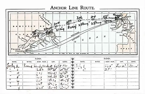 Route Map, Track Chart, and Memorandum of Log on the Back Cover of an SS Furnessia Cabin Passenger List from 9 July 1889.
