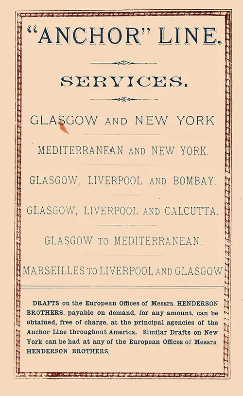 Anchor Steamship Line Services. SS Furnessia Second Class Passenger List, 16 March 1893.