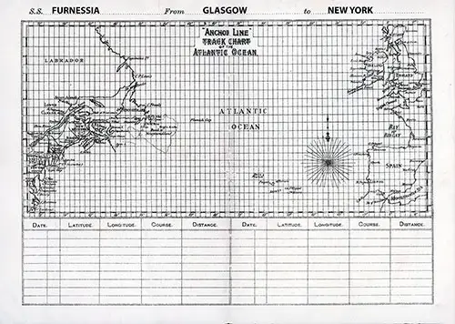 Track Chart and Abstract of Log (Unused) on the Back Cover of a Anchor Steamship Line SS Furnessia Saloon Passenger List from 25 August 1904.