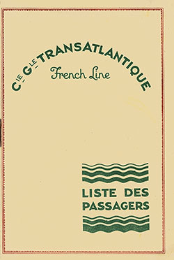 Front Cover of a Cabin Class Passenger List from the SS De Grasse of the CGT French Line, Departing 20 July 1929 from Le Havre to New York.