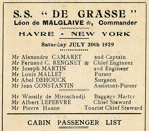Senior Offficers and Staff, SS De Grasse Cabin Class Passenger List, 20 July 1929.