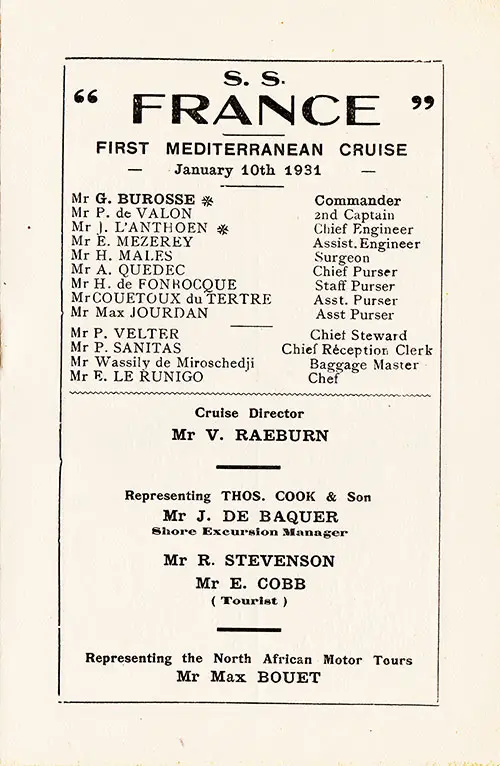 Title Page with Senior Officers and Staff Listed, SS France First Mediterranean Cruise Passenger List, 10 January 1931.