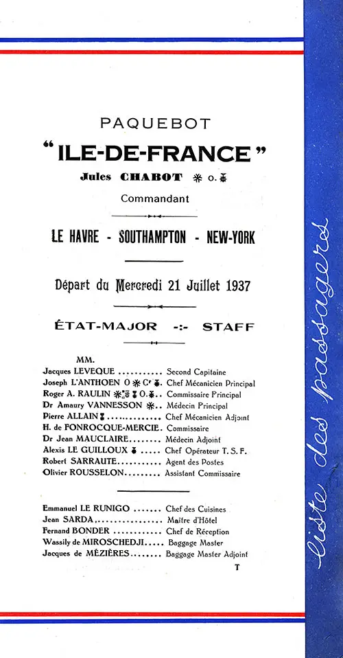 Senior Officers and Staff, SS Ile de France Tourist Class Passenger List, 21 July 1937.