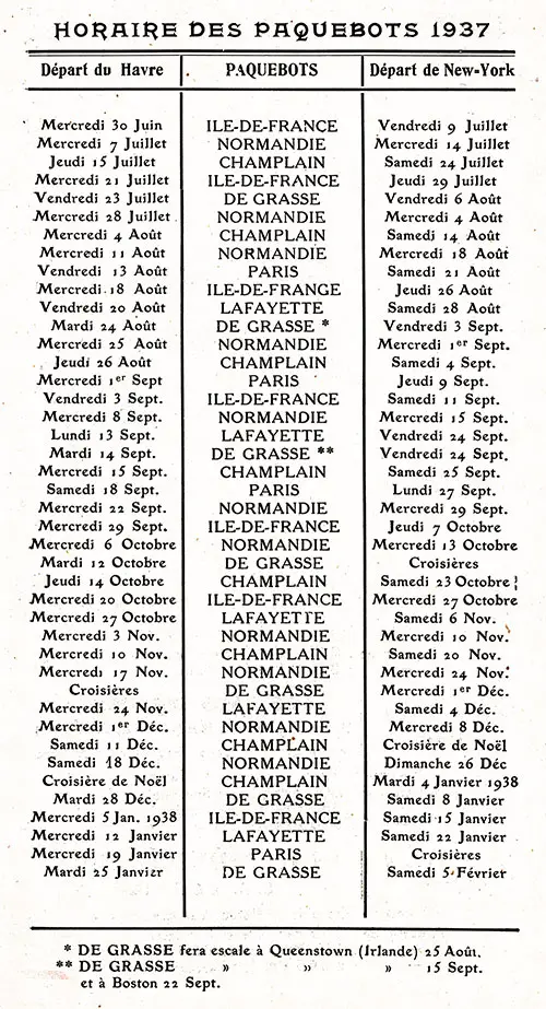 Sailing Schedule, Le Havre-New York, from 30 June 1937 to 5 February 1938.