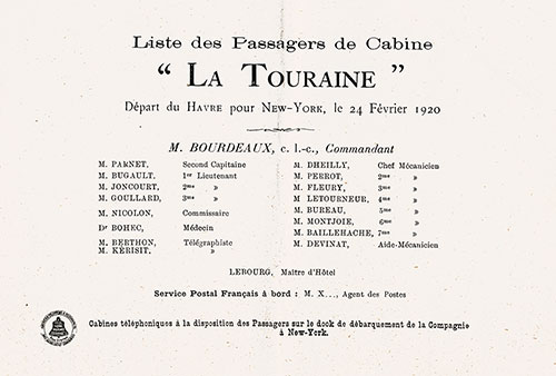 Title Page Including Senior Officers and Staff for the SS La Touraine Voyage of 24 February 1920.