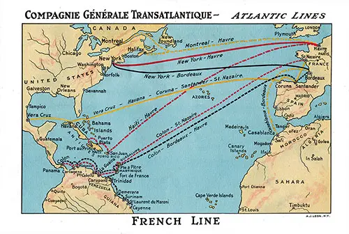 French Line Trans-Atlantic Track Chart / Route Map, 1921. SS La Touraine Passenger List, 11 June 1921.