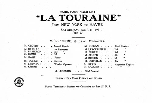 Title Page Including Senior Officers and Staff for the SS La Touraine Voyage of 11 June 1921.