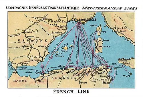 French Line Mediterranean Track Chart / Route Map, 1921. SS La Touraine Passenger List, 11 June 1921.