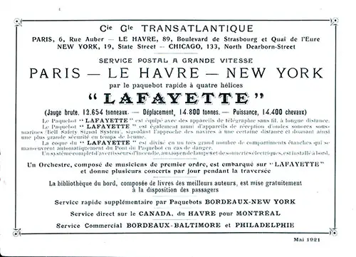 High Speed Postal Service, Paris-Le Havre-New York, by the Four-Propeller Fast Liner SS Lafayette, 1922.