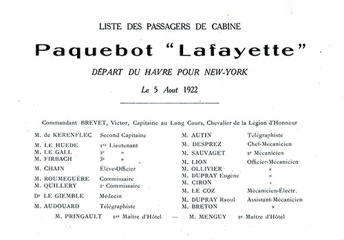 Title Page and Listing of Senior Officers and Staff, SS Lafayette First and Second Cabin Passenger List, 5 August 1922.