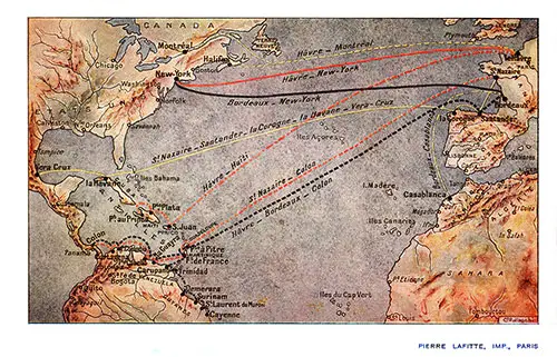 Back Cover with Route Map of the French Line, SS Lafayette First and Second Cabin Passenger List, 5 August 1922.