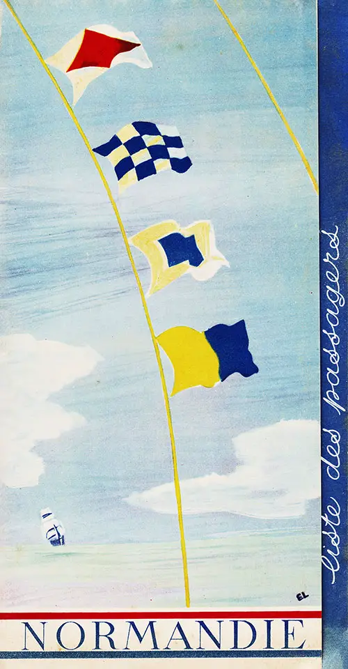 Front Cover of a Tourist Third Cabin Class Passenger List from the SS Normandie of the CGT French Line, Departing Wednesday, 24 July 1935 from Le Havre to New York.