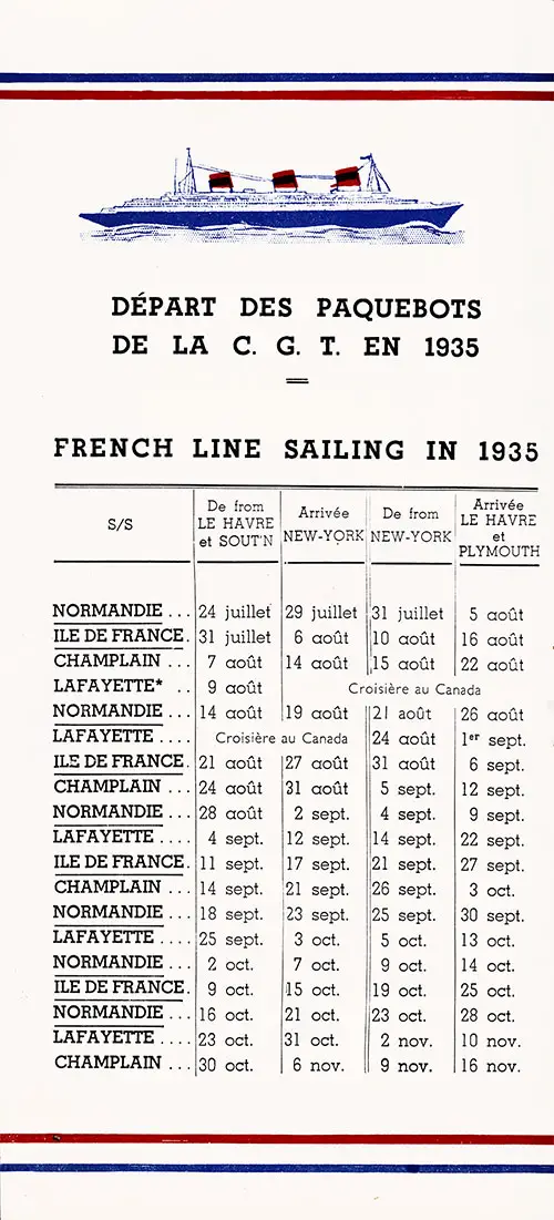Sailing Schedule, Le Havre-Southampton-New York and New York-Plymouth-Le Havre, from 24 July 1935 to 16 November 1935.
