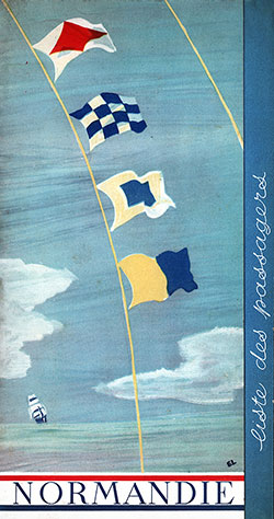 Front Cover of a Tourist Class Passenger List from the SS Normandie of the CGT French Line, Departing 29 July 1936 from Le Havre to New York via Southampton.